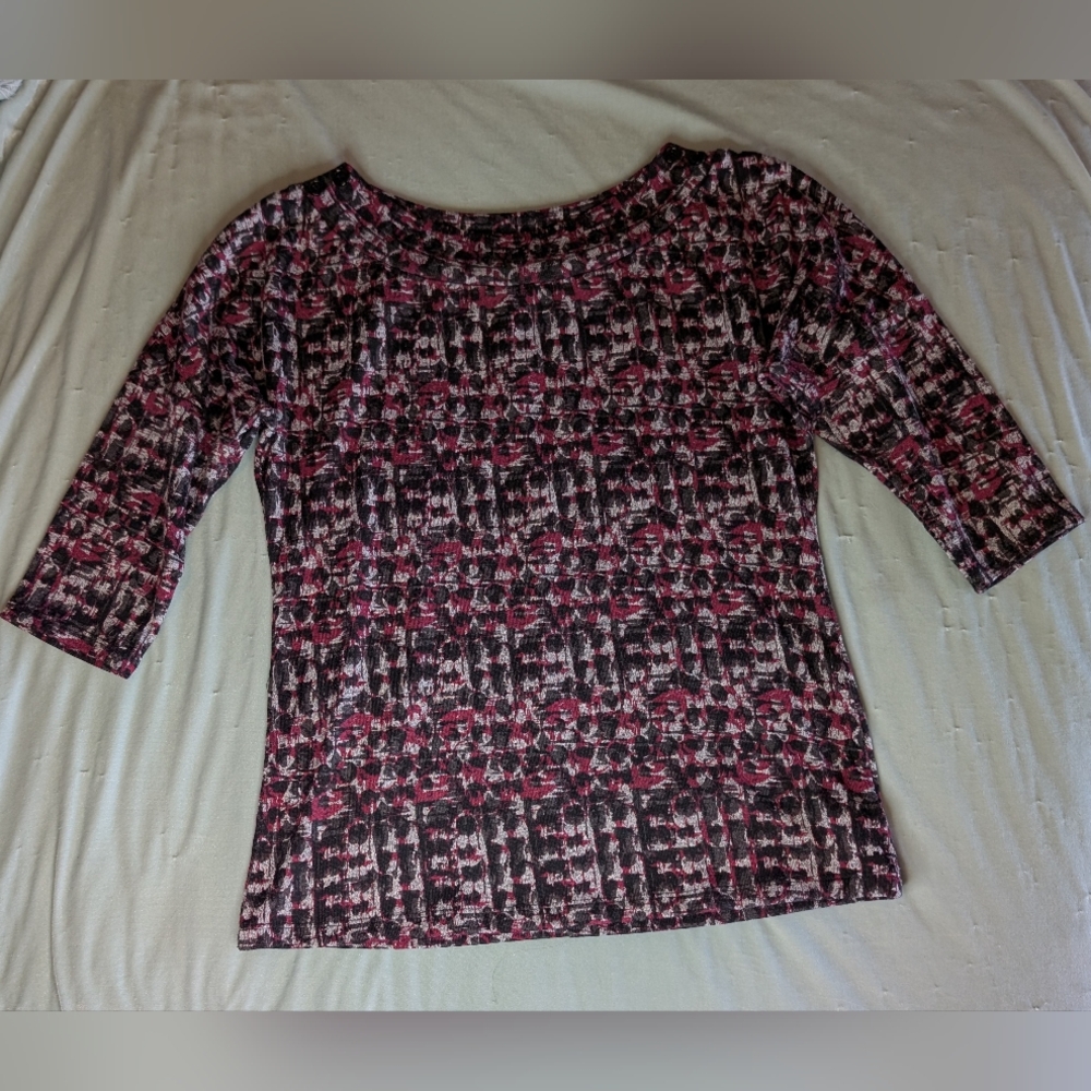 AB Studio Knit Top - Boatneck - 3/4 Sleeve - Fushia, Black and Grey - Small